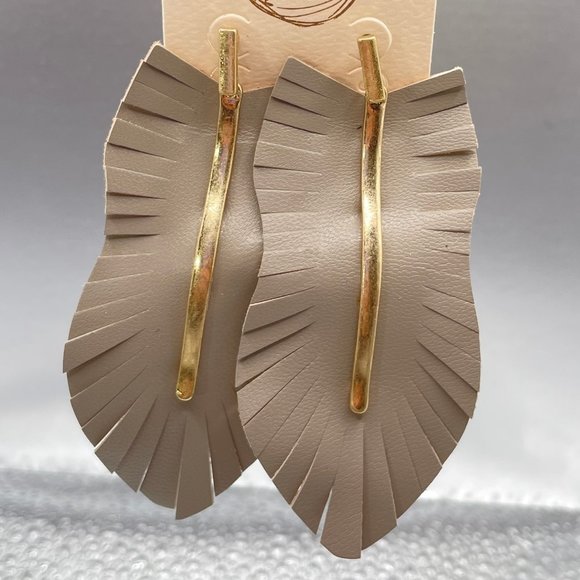 intro. Jewelry - New! Leather Leaf Fringe Drop Earrings in Taupe